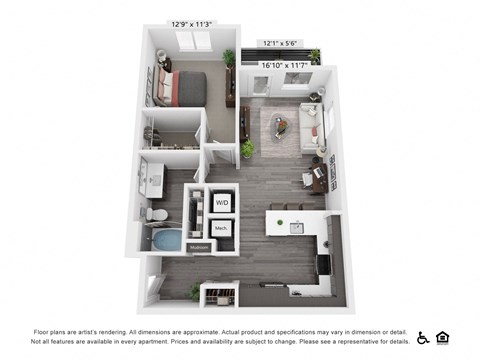 Floor plan for 1 bed, 1 bath, 756 sqft